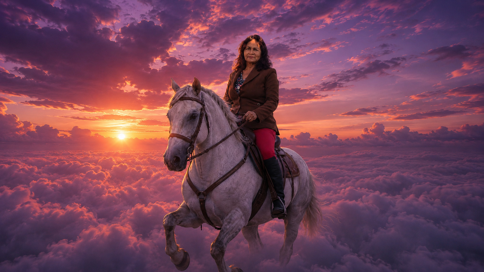 Jacinta de Oliveira Nunes sobre um cavalo branco acima das nuvens